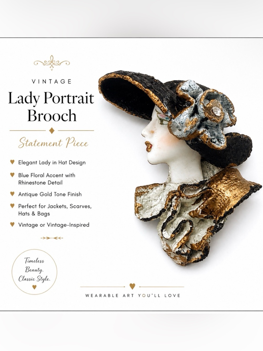 Vintage Lady Portrait Brooch - Black, Gold & Blue Floral Accent
